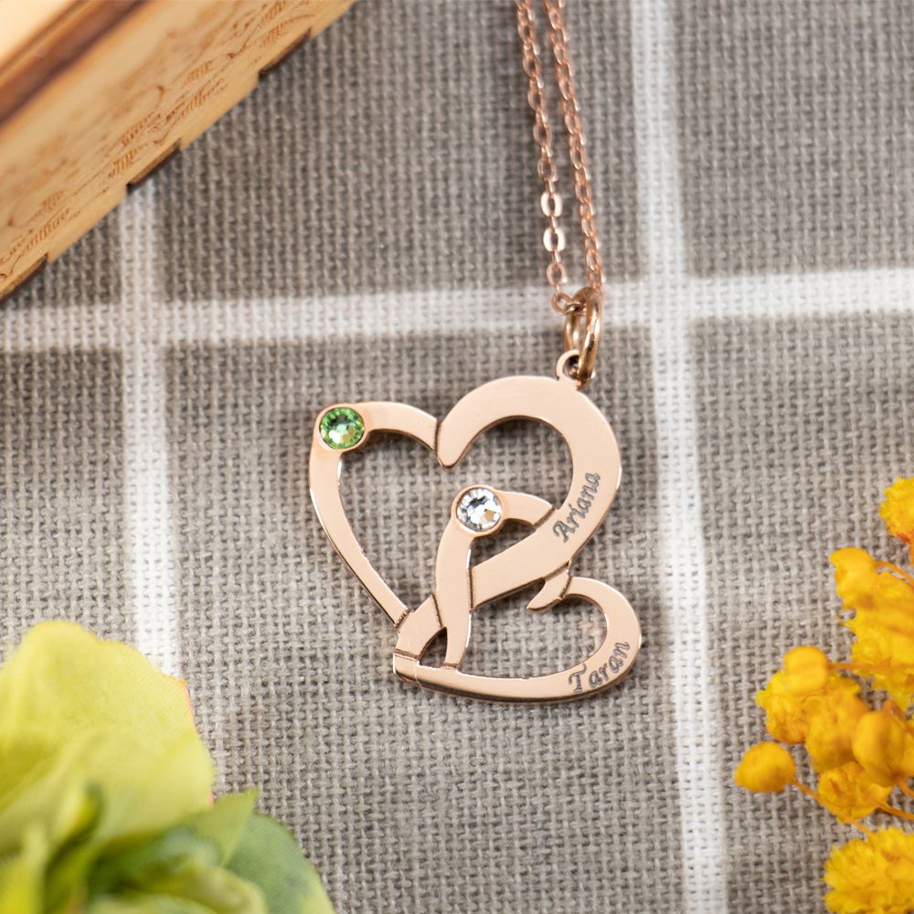 Interlaced Two Hearts Necklace With Birthstones